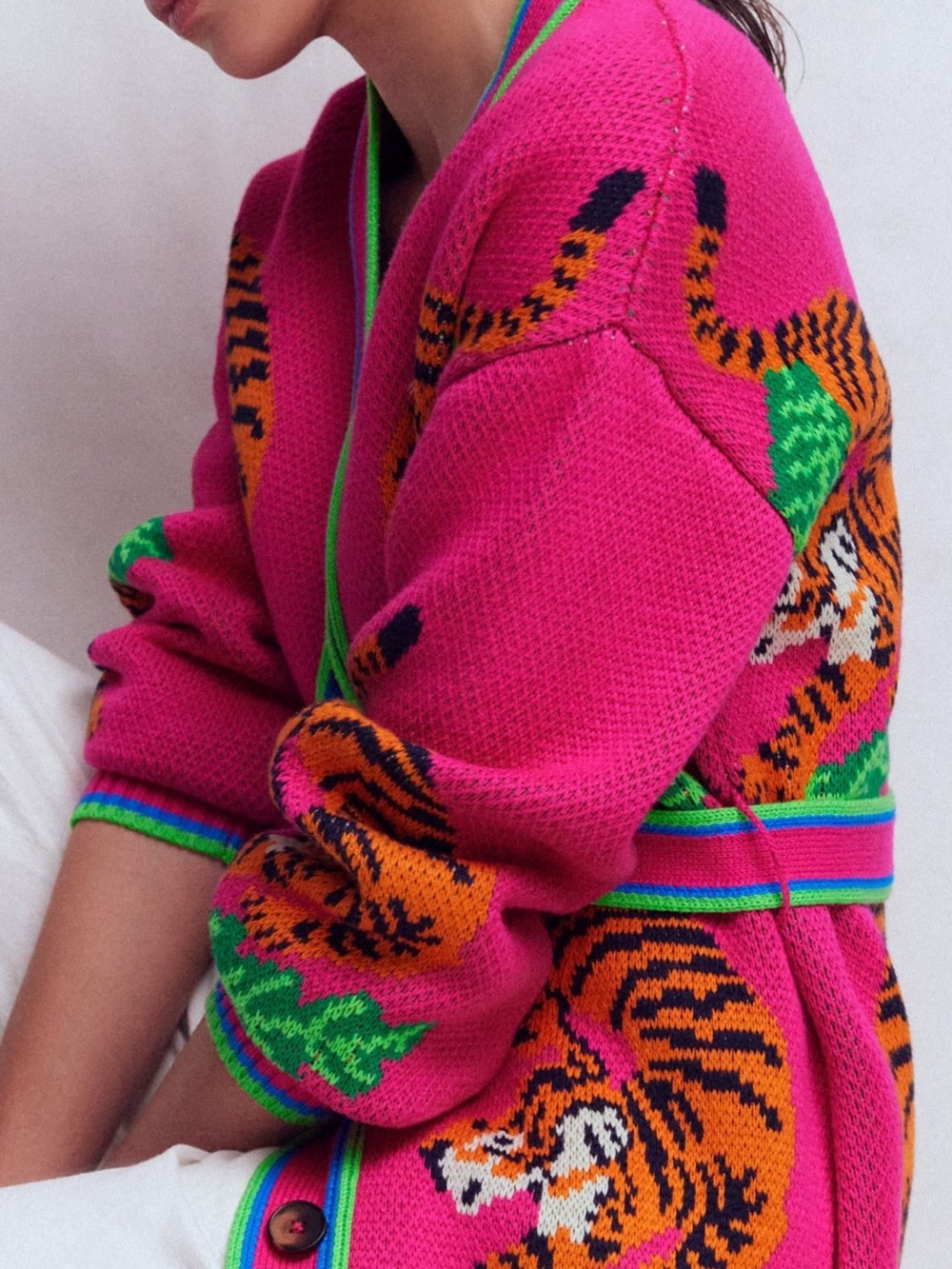 Boden Hot Pink Tiger-Print Knit Cardigan with Green & Orange Accents